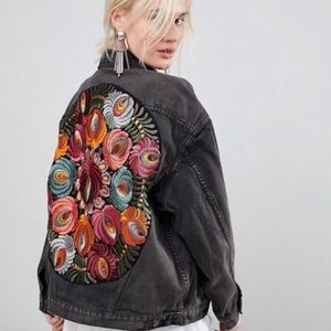 Black Boho Embroidered Oversized Denim oak Jacket